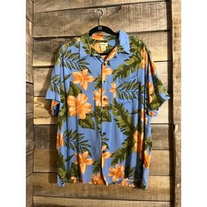 Panama Jack Mens Blue Tropical Floral Hibiscus Rayon Camp Shirt Large